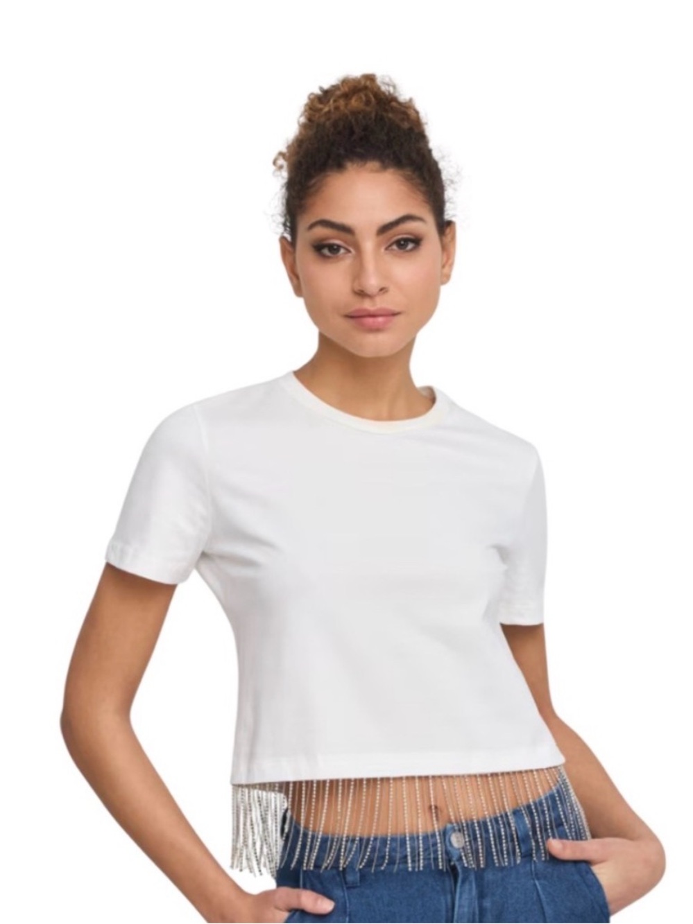 Joie Short Sleeve Boxy White Top Shirt Dangling Rhinestone Fringe Hem Size Large
